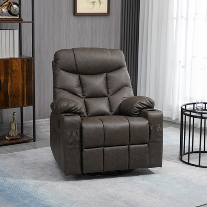 HOMCOM Overstuffed PU Leather Manual Recliner Chair with Footrest, Cup Holders, and Side Pockets - Dark Brown - BEYRUN