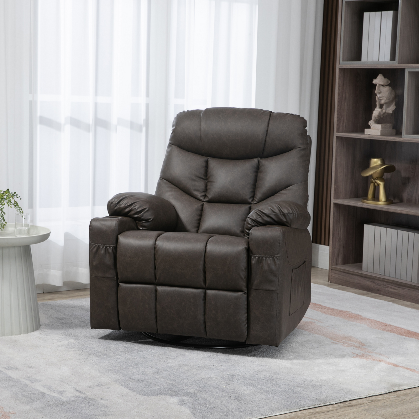 HOMCOM Overstuffed PU Leather Manual Recliner Chair with Footrest, Cup Holders, and Side Pockets - Dark Brown - BEYRUN