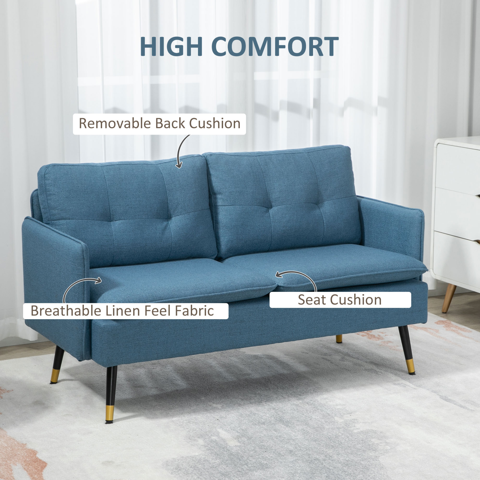 HOMCOM 2 Seater Sofa for Living Room - Dark Blue Fabric Couch, Button Tufted Love Seat with Cushions - BEYRUN