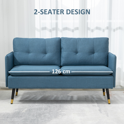 HOMCOM 2 Seater Sofa for Living Room - Dark Blue Fabric Couch, Button Tufted Love Seat with Cushions - BEYRUN