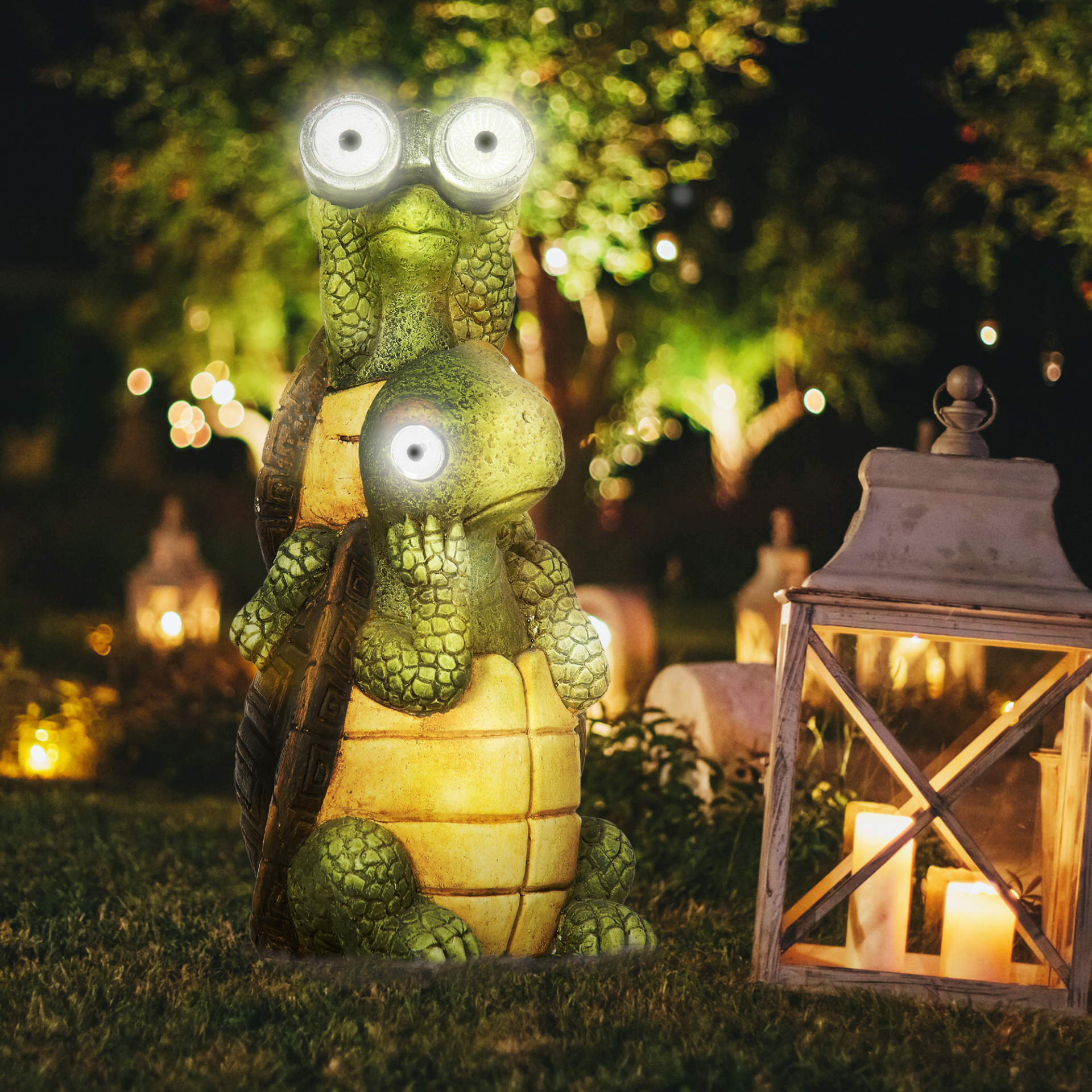 Outsunny Vivid 2 Tortoises Garden Statue with Solar LED Light - Whimsical Outdoor Decoration - BEYRUN