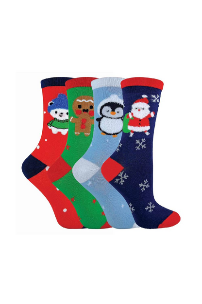 4 Pack Kids Cotton Rich Christmas Socks - Fun Festive Designs, Comfy and Machine Washable, Perfect Stocking Filler - BEYRUN