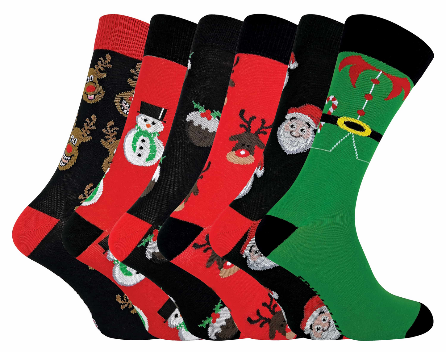 6 Pairs of Men's Novelty Cotton Christmas Socks - Fun, Festive Designs - Comfortable Holiday Multipack - BEYRUN