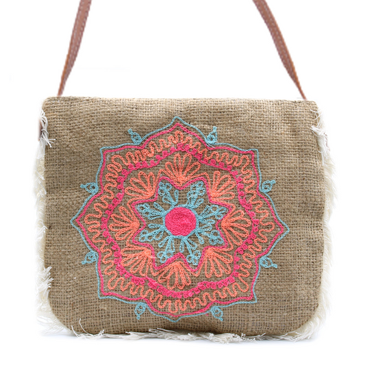 Fab Fringe Bag with Mandela Embroidery - Ethically Made Soft Washed Jute Handbag - BEYRUN