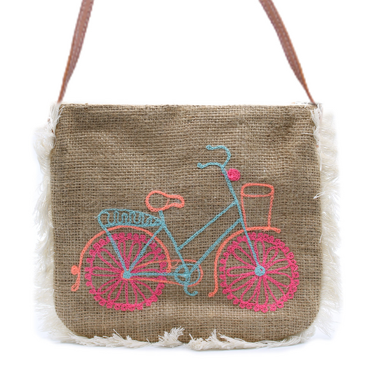 Fab Fringe Bag with Bicycle Embroidery | Eco-Friendly Jute Bag with Leather Strap - BEYRUN