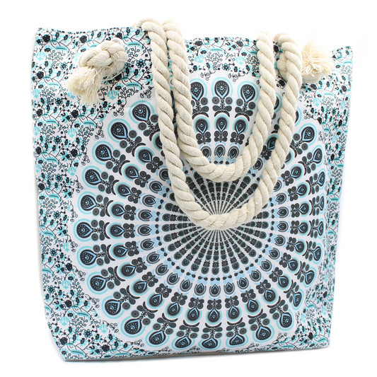 Rope Handle Mandela Bag - Sky Blue | Large Patterned Shopping and Beach Bag - BEYRUN