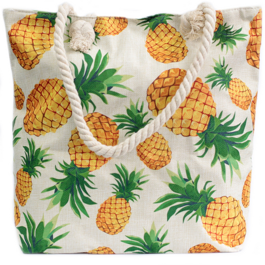 Rope Handle Bag - Pineapples | Vintage Style Beach Tote Bag with Soft Rope Handles - BEYRUN