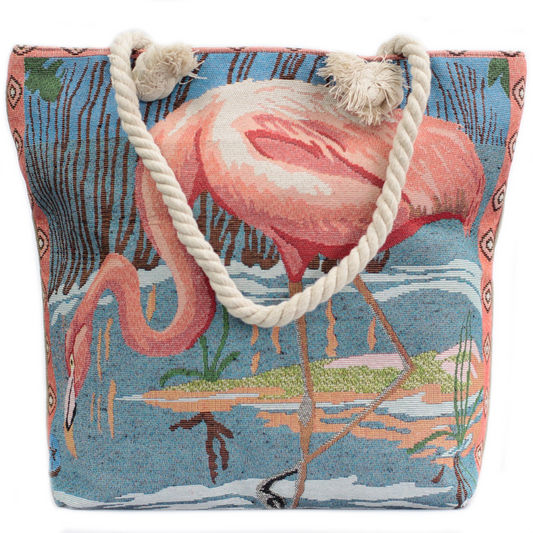 Rope Handle Bag - Pink Flamingo | Beach Tote Bag | Stylish Vintage Blue and Beige Colors - BEYRUN