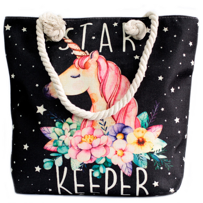 Rope Handle Bag - Star Keeper Unicorn | Durable Canvas Beach Tote with Soft Rope Handles - BEYRUN