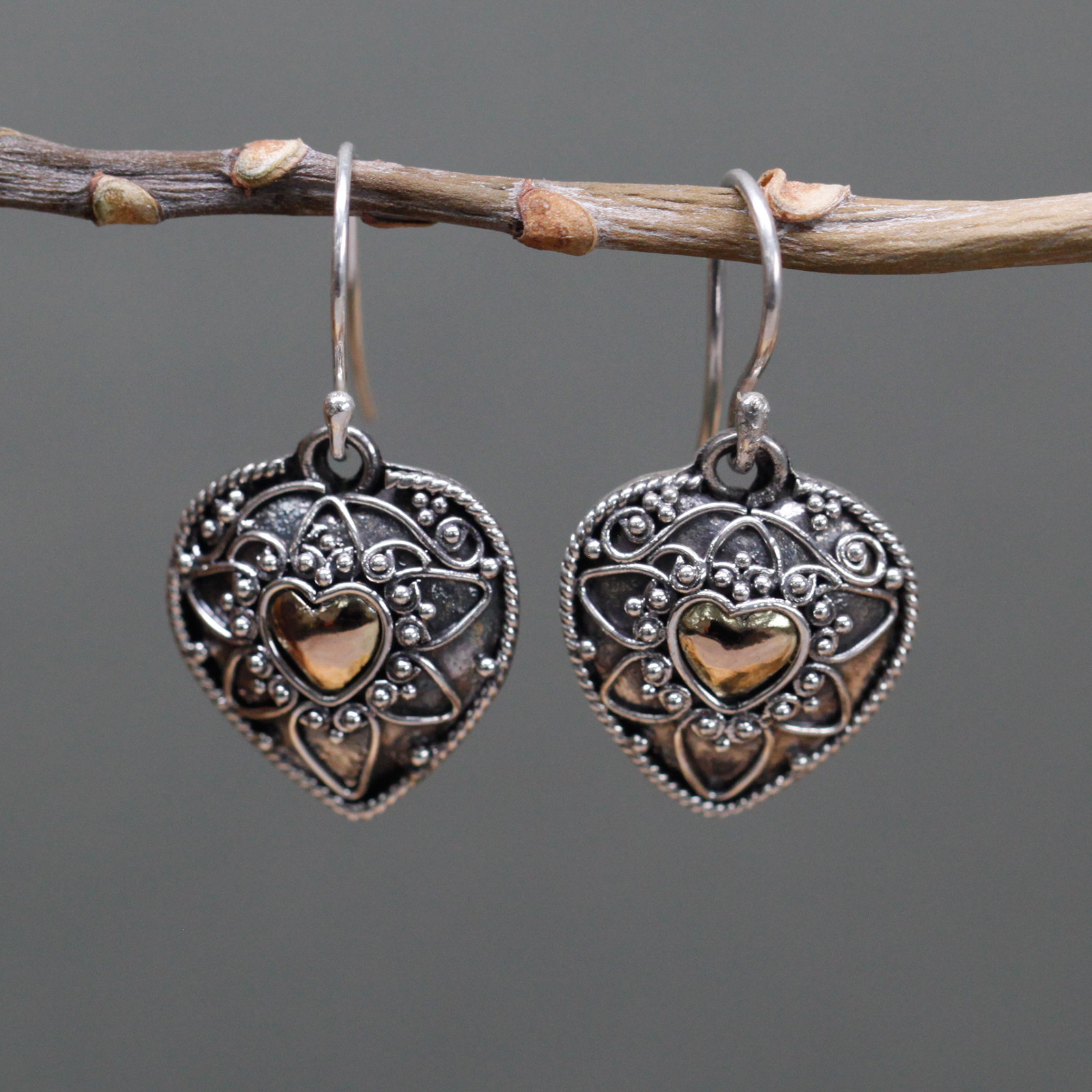 Silver & Gold Mandala Hearts Earrings – Ethically Sourced, Elegant, Exotic Jewelry - BEYRUN