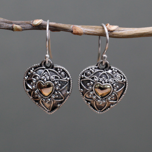 Silver & Gold Mandala Hearts Earrings – Ethically Sourced, Elegant, Exotic Jewelry - BEYRUN