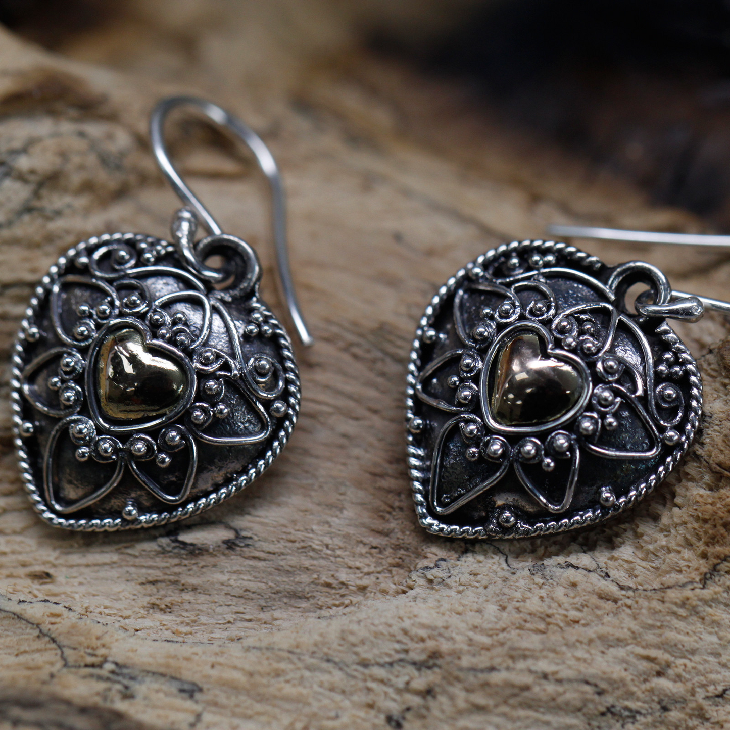 Silver & Gold Mandala Hearts Earrings – Ethically Sourced, Elegant, Exotic Jewelry - BEYRUN