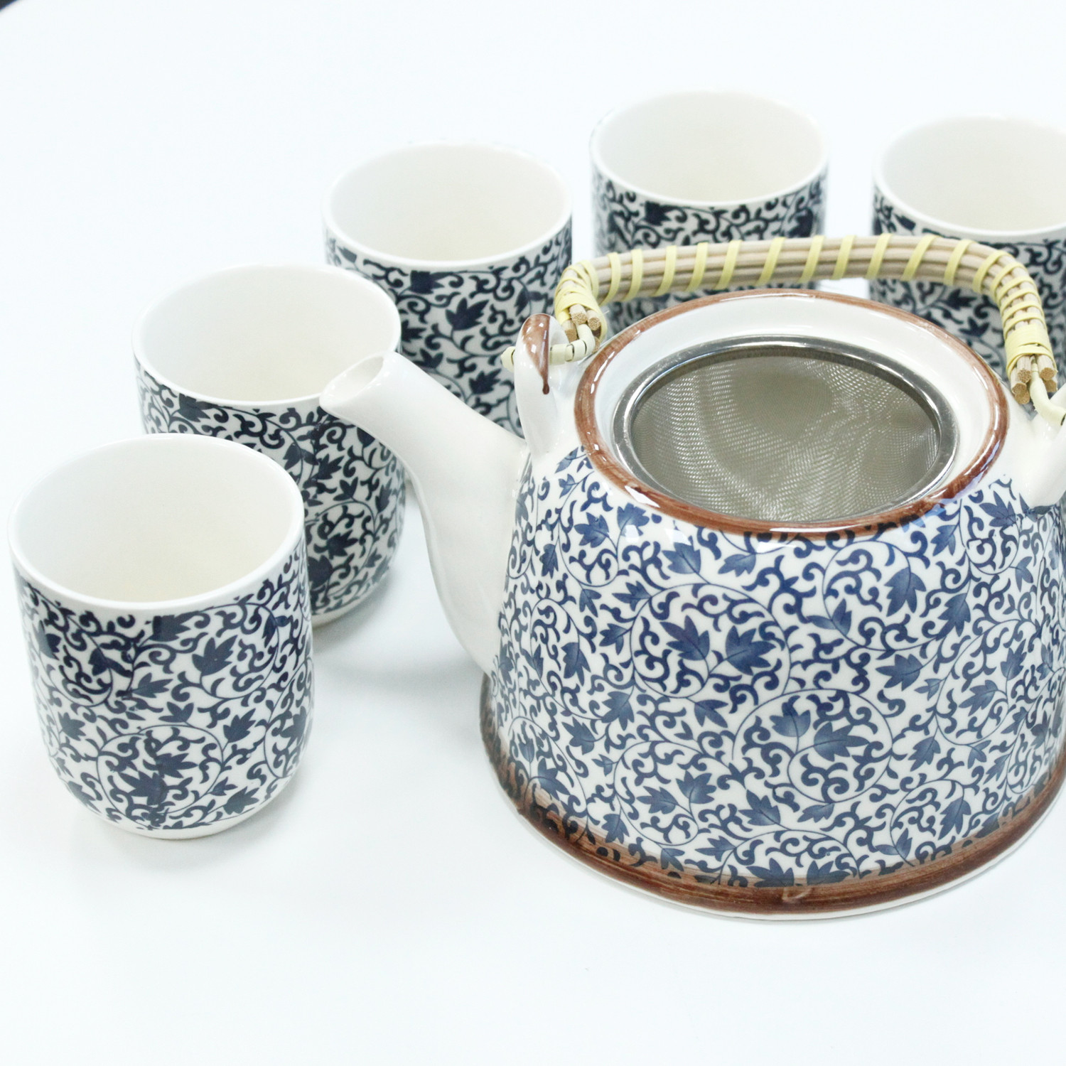 Elegant Blue Pattern Herbal Teapot Set with Infuser & Six Ceramic Cups - Perfect Gift for Tea Lovers - BEYRUN