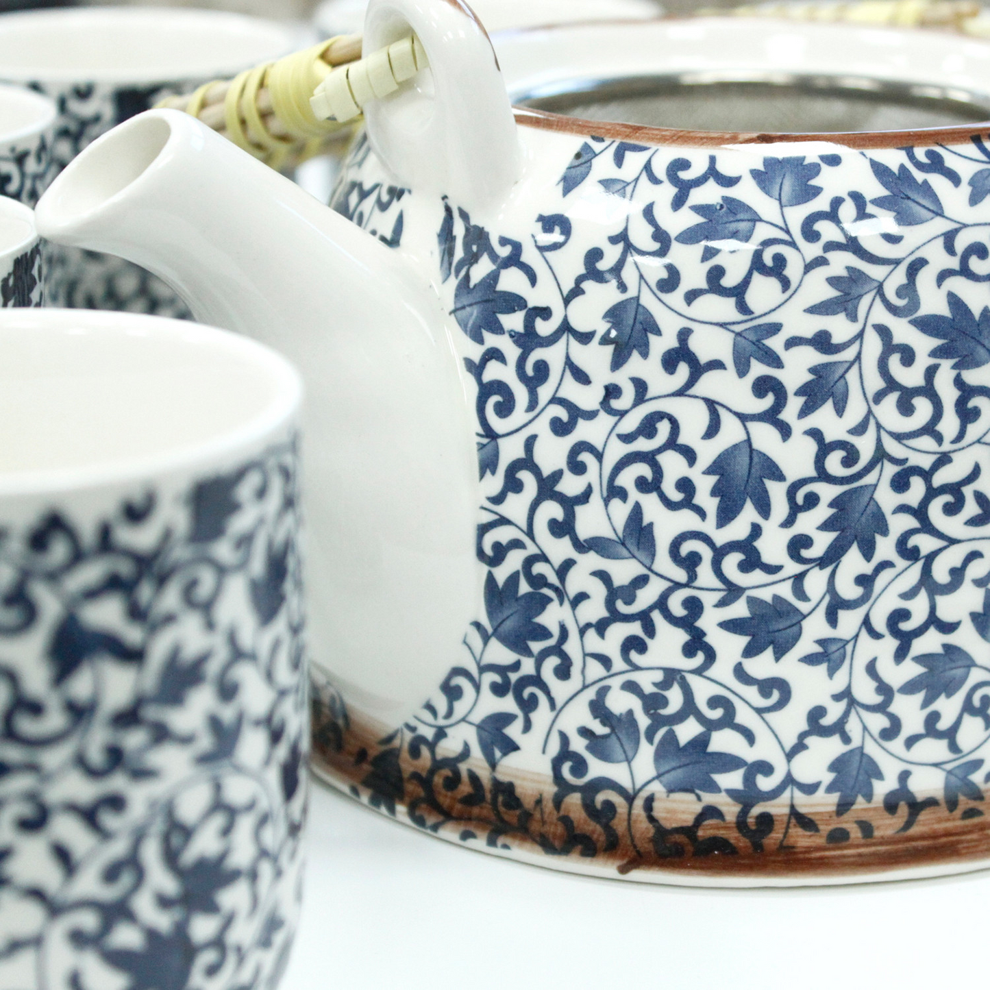 Elegant Blue Pattern Herbal Teapot Set with Infuser & Six Ceramic Cups - Perfect Gift for Tea Lovers - BEYRUN