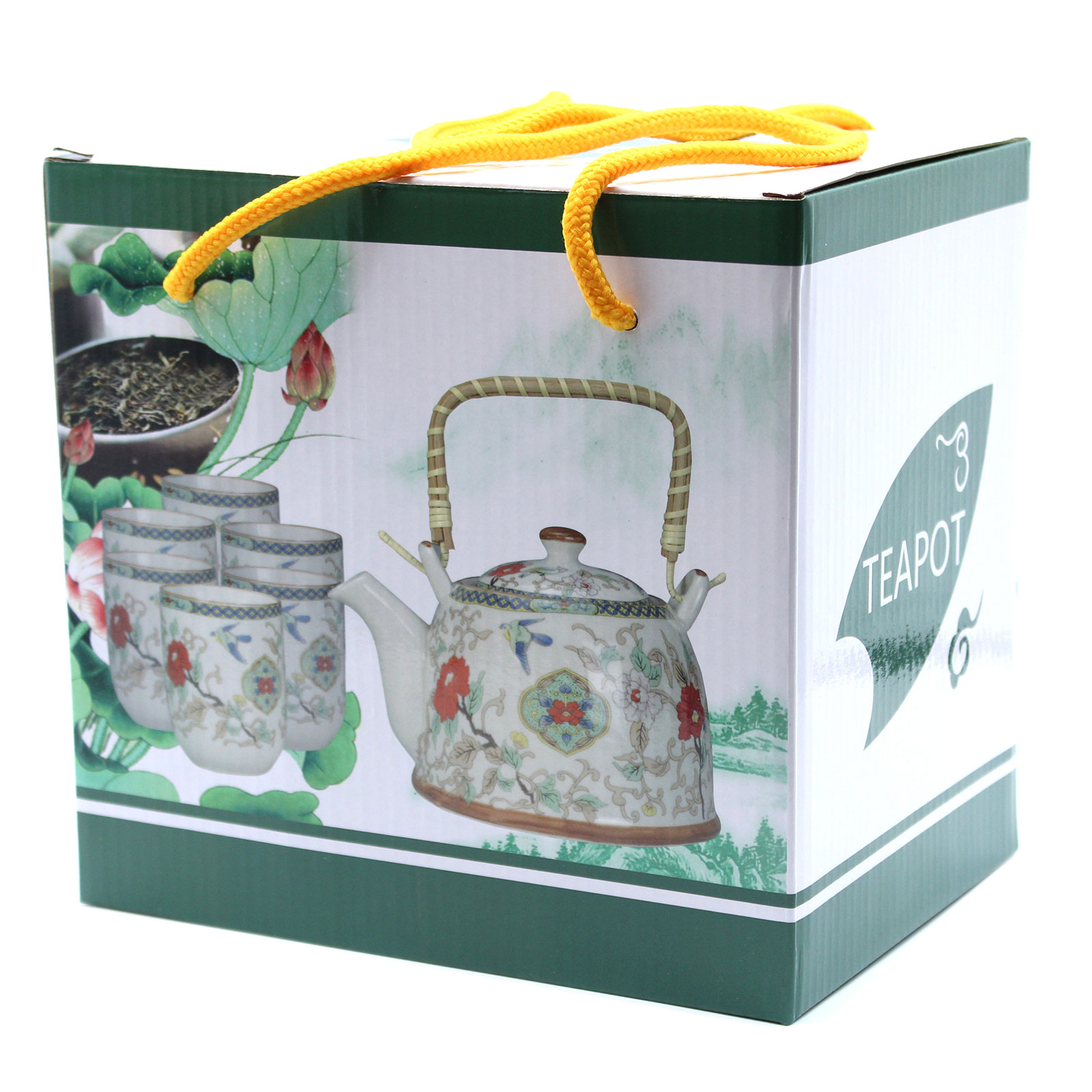 Herbal Teapot Set - White Stone Oriental | Elegant Ceramic Teapot with Strainer & 6 Matching Cups - Perfect Gift for Tea Lovers - BEYRUN