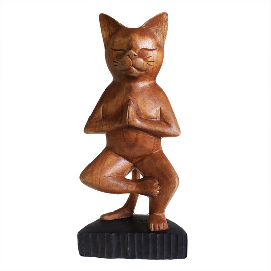 Handcarved Yoga Cats - One Leg | Unique Wooden Cat Sculpture for Yoga Lovers - BEYRUN