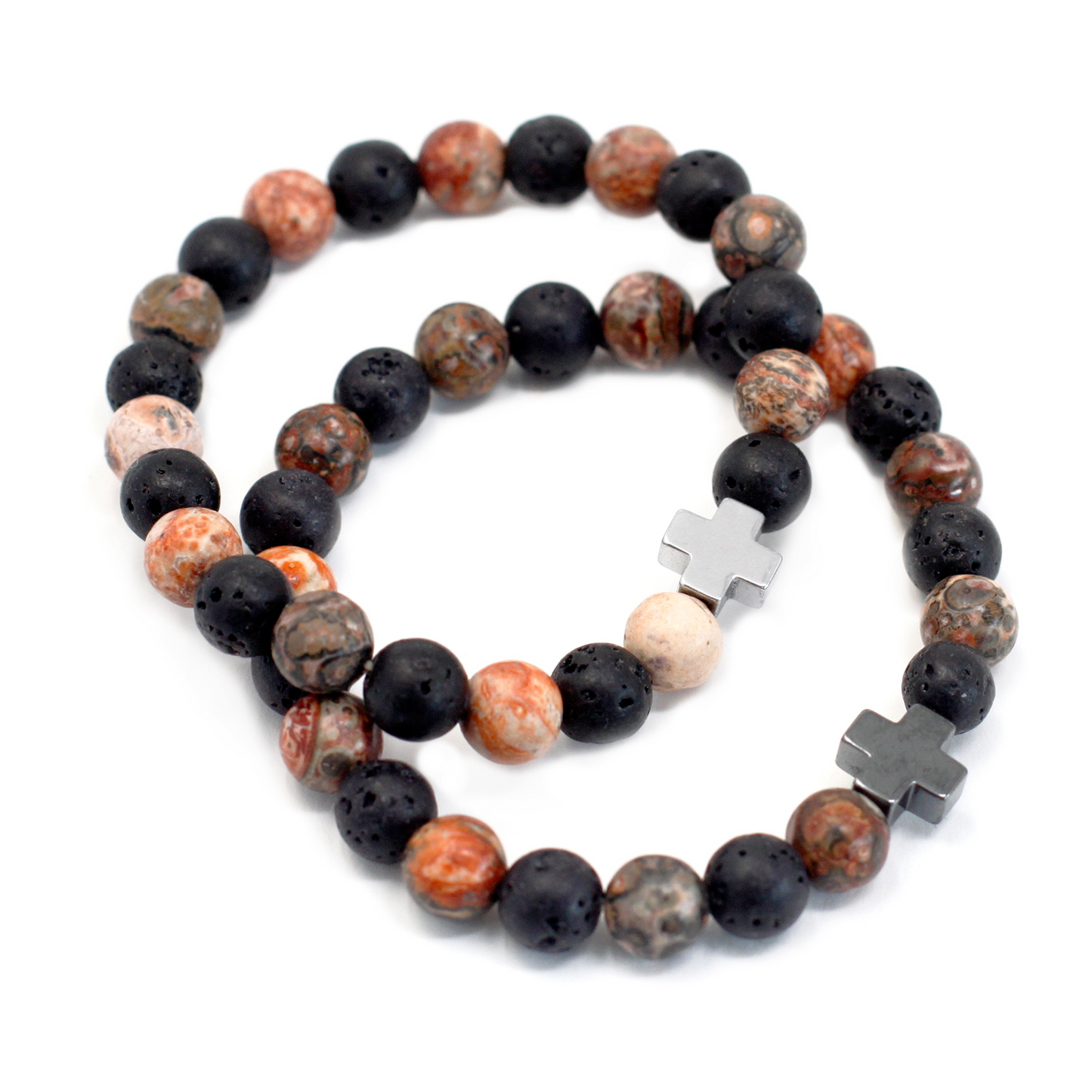 Set of 2 Gemstones Friendship Bracelets - Eternity - Leopard Skin Jasper & Lava Stone - BEYRUN