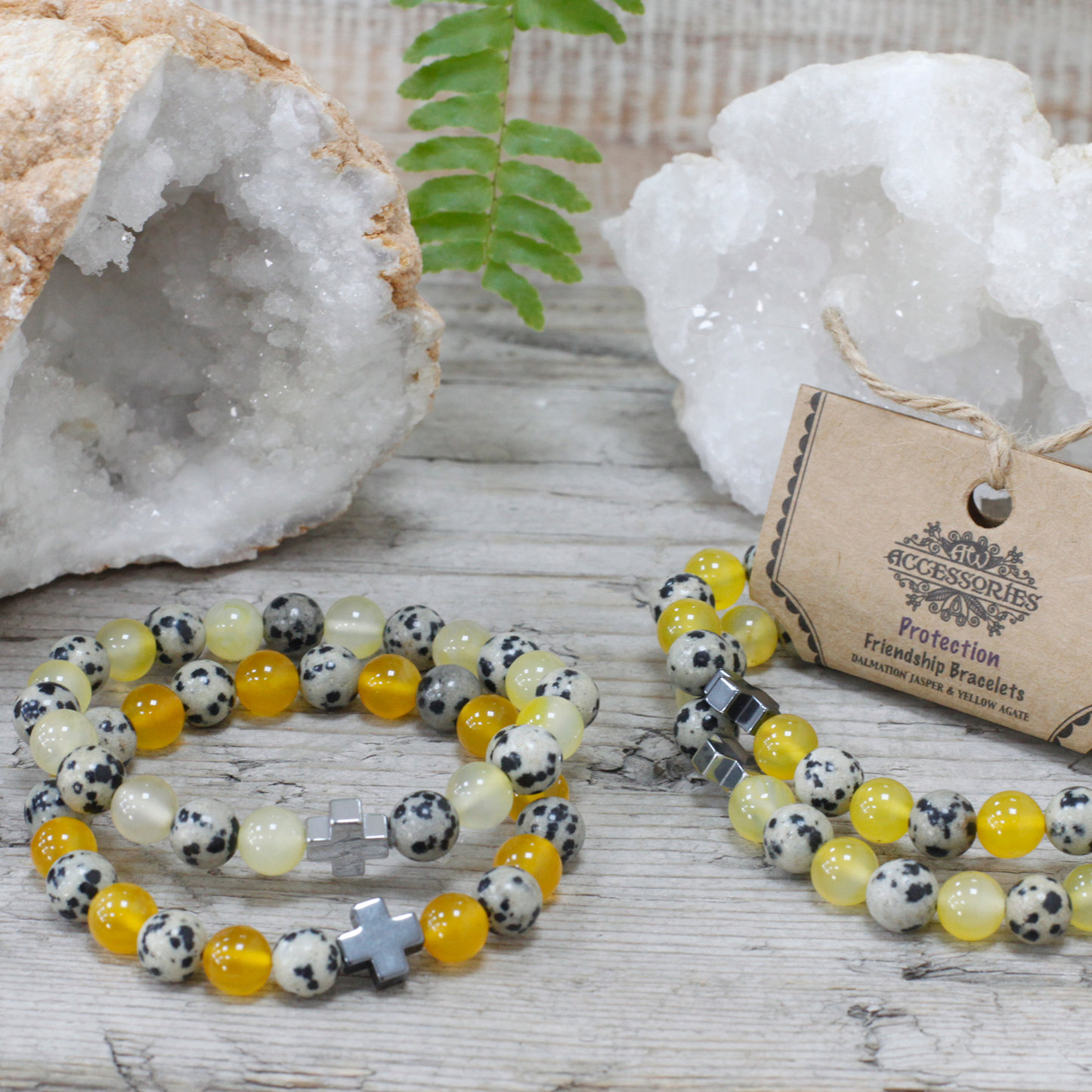 Set of 2 Gemstones Friendship Bracelets - Protection - Dalmatian Jasper & Yellow Agate - BEYRUN