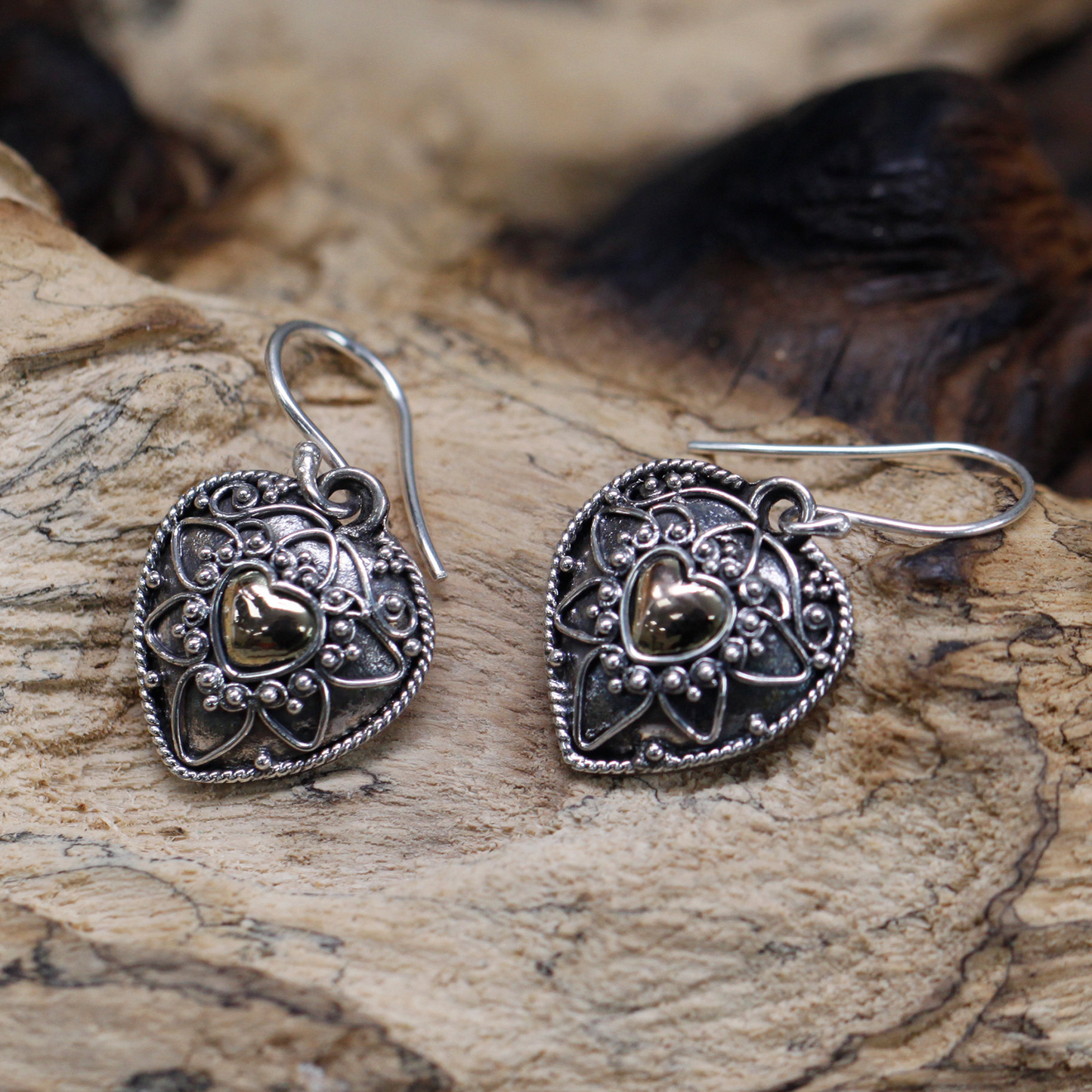 Silver & Gold Mandala Hearts Earrings – Ethically Sourced, Elegant, Exotic Jewelry - BEYRUN