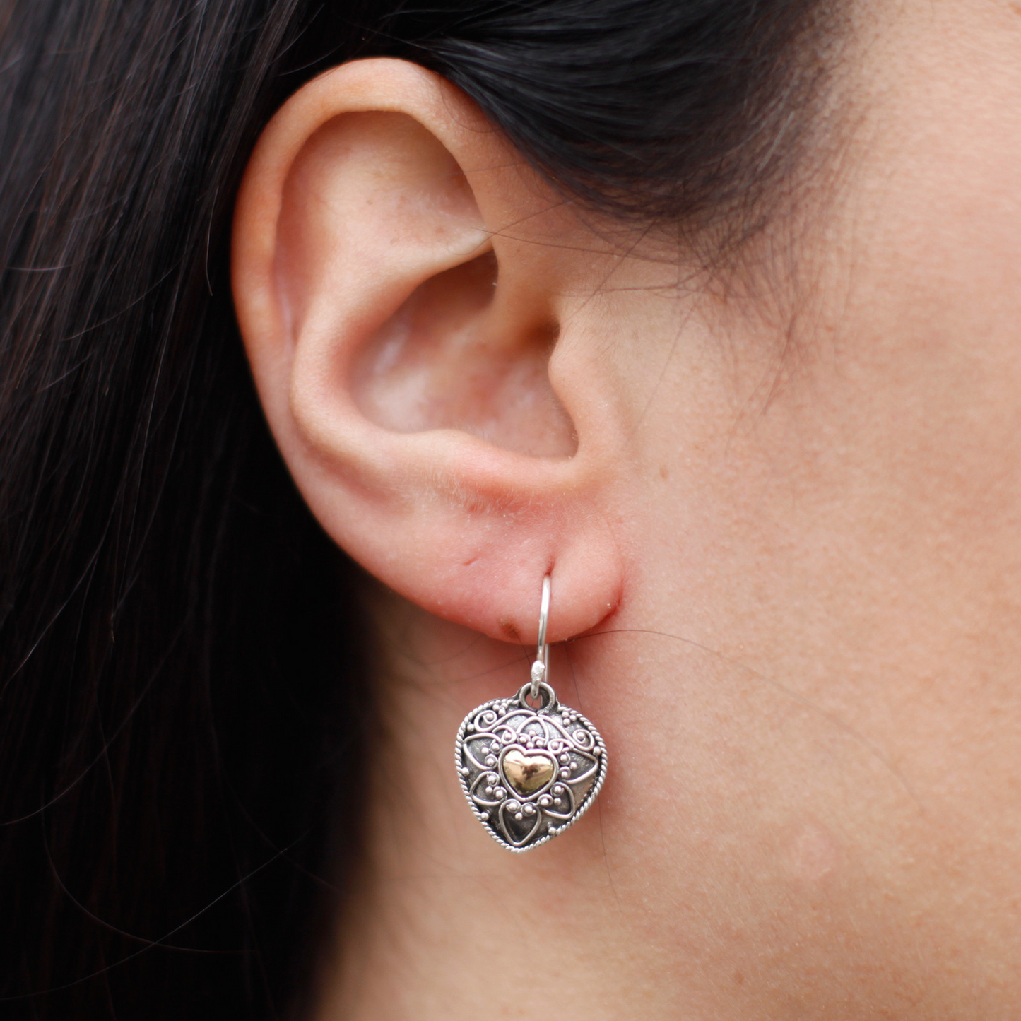 Silver & Gold Mandala Hearts Earrings – Ethically Sourced, Elegant, Exotic Jewelry - BEYRUN