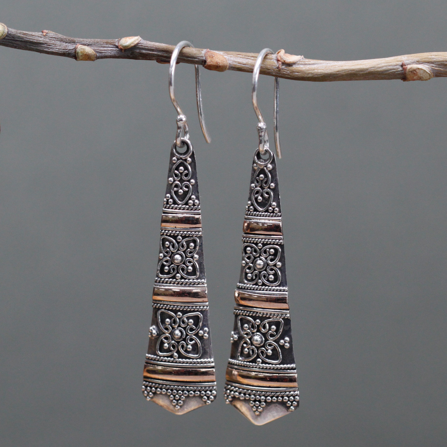 Silver & Gold Earring - Tribal Drops | Exotic Mixed Metal Jewelry