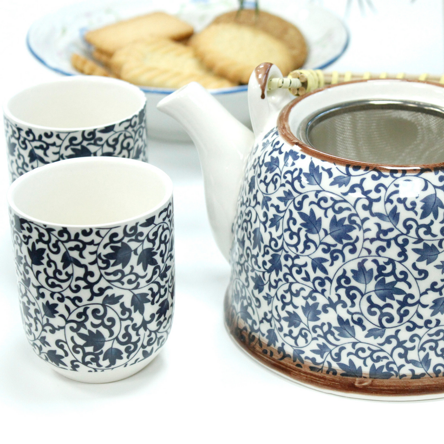 Elegant Blue Pattern Herbal Teapot Set with Infuser & Six Ceramic Cups - Perfect Gift for Tea Lovers - BEYRUN