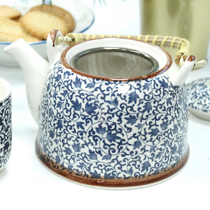 Elegant Blue Pattern Herbal Teapot Set with Infuser & Six Ceramic Cups - Perfect Gift for Tea Lovers - BEYRUN