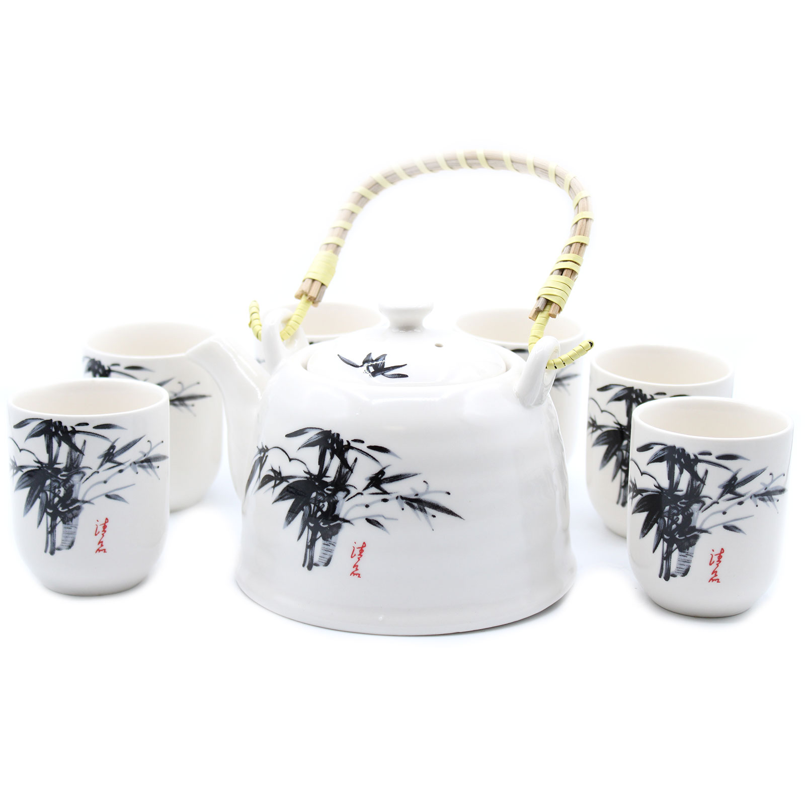 Herbal Teapot Set - White Stone Oriental | Elegant Ceramic Teapot with Strainer & 6 Matching Cups - Perfect Gift for Tea Lovers - BEYRUN