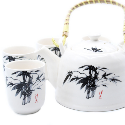 Herbal Teapot Set - White Stone Oriental | Elegant Ceramic Teapot with Strainer & 6 Matching Cups - Perfect Gift for Tea Lovers - BEYRUN