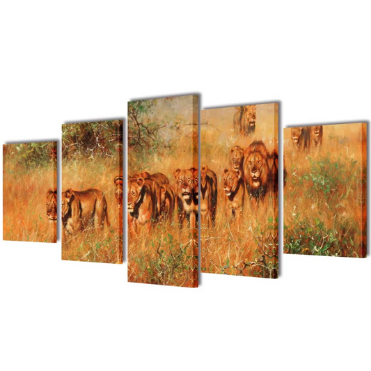 Captivating 5-Panel Canvas Wall Print Set of Lions - 100 x 50 cm, Ready to Hang - BEYRUN