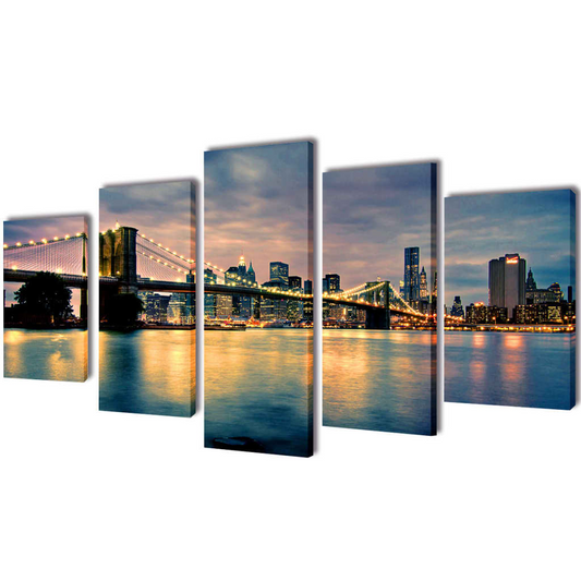 Canvas Wall Print Set Brooklyn Bridge River View - 200 x 100 cm | Stunning 5-Panel Art - BEYRUN