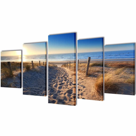 Canvas Wall Print Set Sand Beach - 5-Panel Coastal Artwork, 100 x 50 cm - BEYRUN