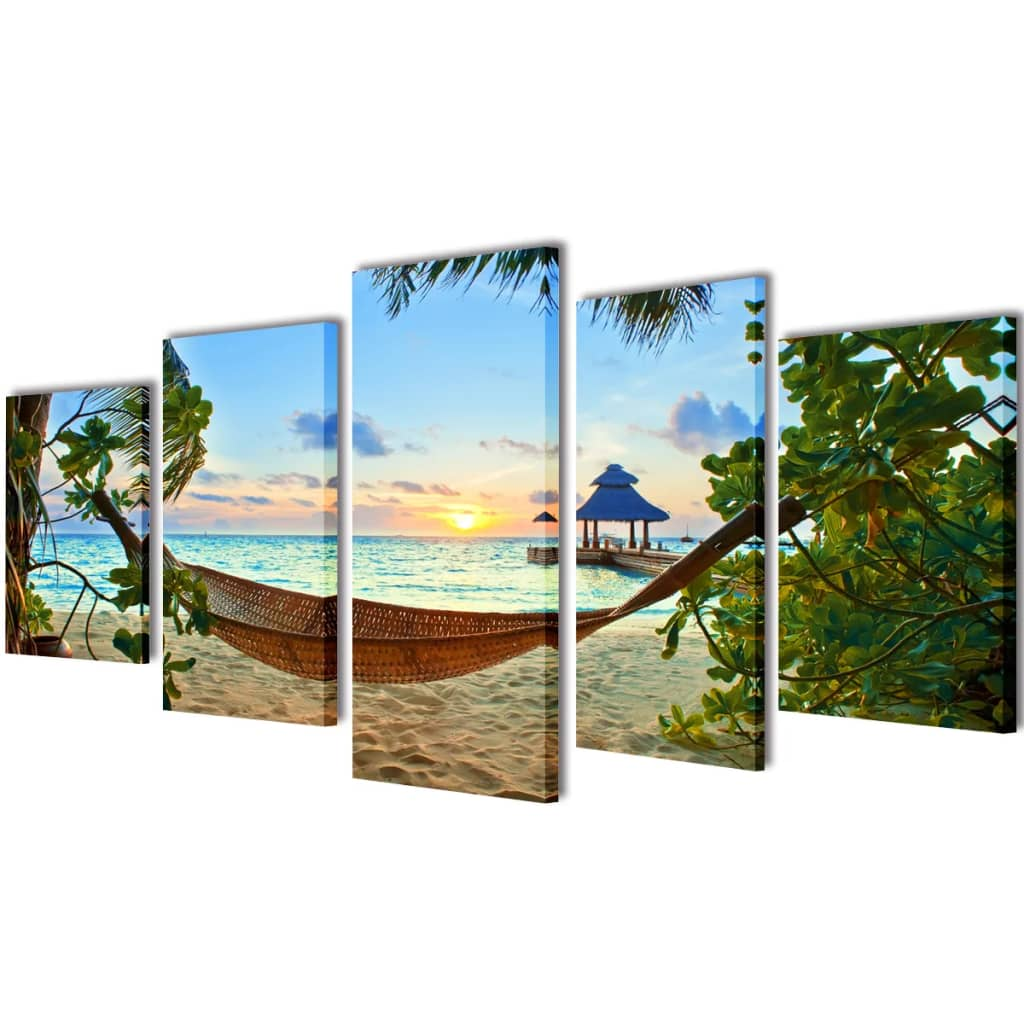 Canvas Wall Print Set Sand Beach with Hammock 200 x 100 cm - Tropical Decor for Home - BEYRUN