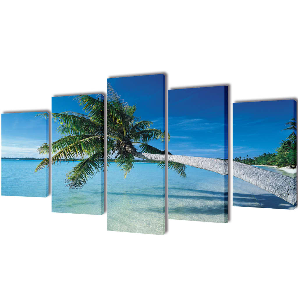 Canvas Wall Print Set - Sand Beach with Palm Tree - 200 x 100 cm - 5-panel Art Decor - BEYRUN