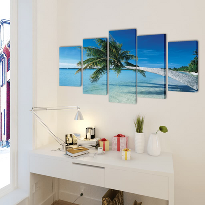 Canvas Wall Print Set - Sand Beach with Palm Tree - 200 x 100 cm - 5-panel Art Decor - BEYRUN