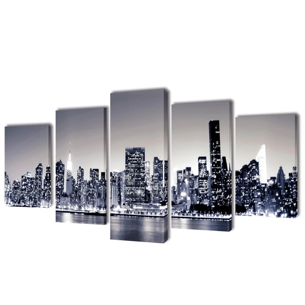 Canvas Wall Print Set Monochrome New York Skyline 200 x 100 cm - Modern 5-Panel Art for Home Decor - BEYRUN