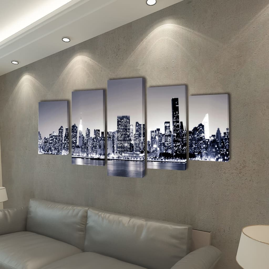 Canvas Wall Print Set Monochrome New York Skyline 200 x 100 cm - Modern 5-Panel Art for Home Decor - BEYRUN