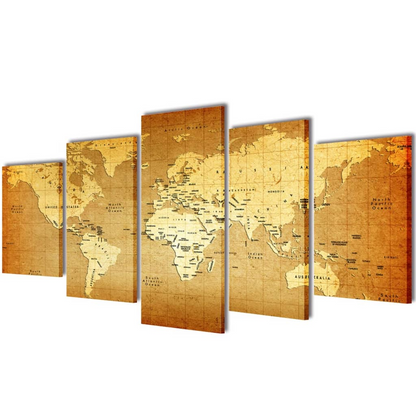 Canvas Wall Print Set World Map - 5 Panels, 100 x 50 cm - Ready to Hang - BEYRUN