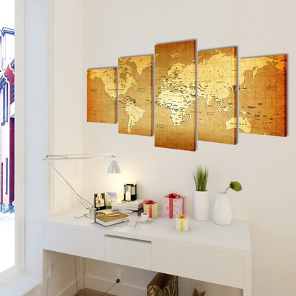 Canvas Wall Print Set World Map - 5 Panels, 100 x 50 cm - Ready to Hang - BEYRUN