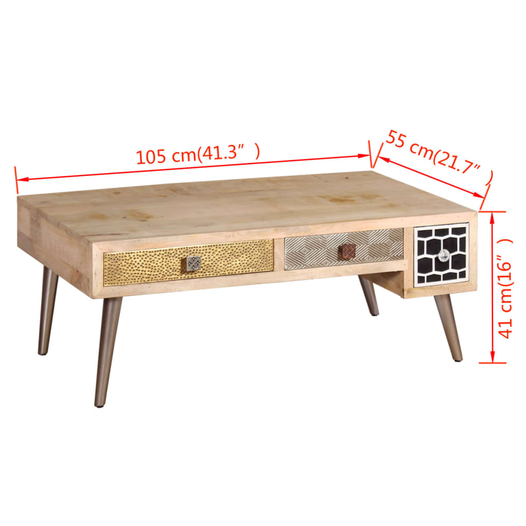 vidaXL Coffee Table with Drawers - Solid Mango Wood, Vintage Style, 105x55x41 cm - BEYRUN