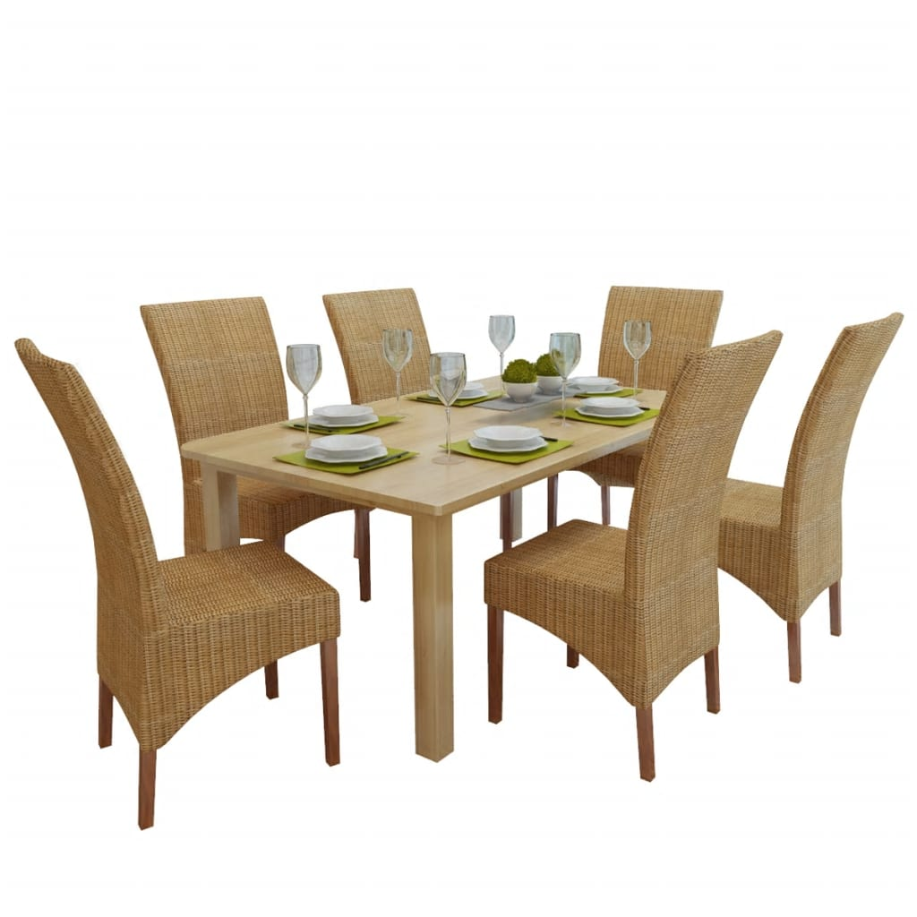 vidaXL Dining Chairs Set of 6 - Brown Natural Rattan & Solid Mango Wood - Handwoven Elegance - BEYRUN