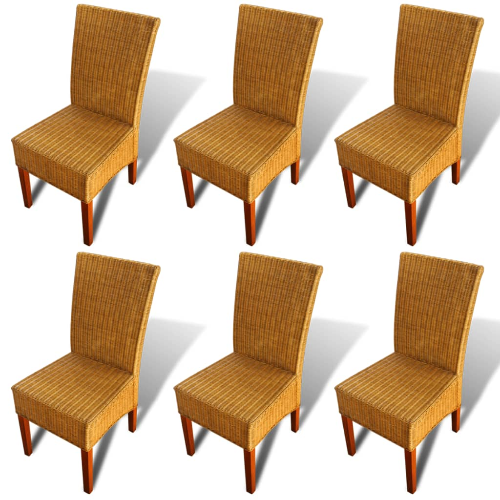 vidaXL Dining Chairs Set of 6 - Brown Natural Rattan & Solid Mango Wood - Handwoven Elegance - BEYRUN