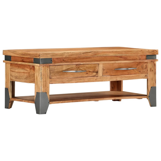 vidaXL Rustic Solid Acacia Wood Coffee Table with Drawers and Shelf - 110x52x45 cm for Living Room - BEYRUN