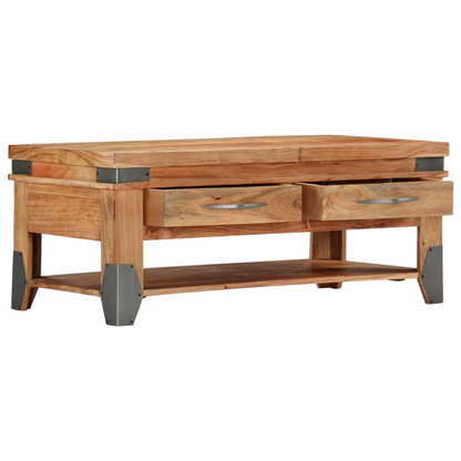 vidaXL Rustic Solid Acacia Wood Coffee Table with Drawers and Shelf - 110x52x45 cm for Living Room - BEYRUN