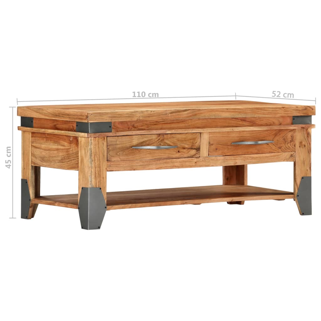 vidaXL Rustic Solid Acacia Wood Coffee Table with Drawers and Shelf - 110x52x45 cm for Living Room - BEYRUN