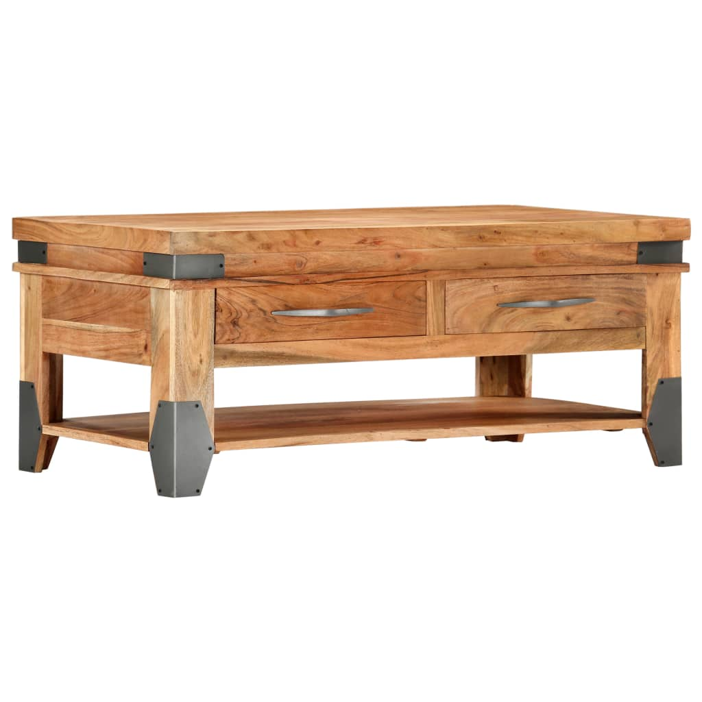 vidaXL Rustic Solid Acacia Wood Coffee Table with Drawers and Shelf - 110x52x45 cm for Living Room - BEYRUN