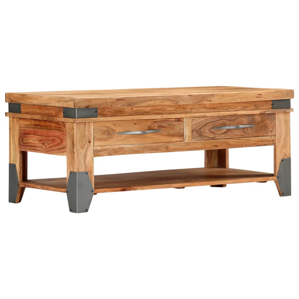 vidaXL Rustic Solid Acacia Wood Coffee Table with Drawers and Shelf - 110x52x45 cm for Living Room - BEYRUN