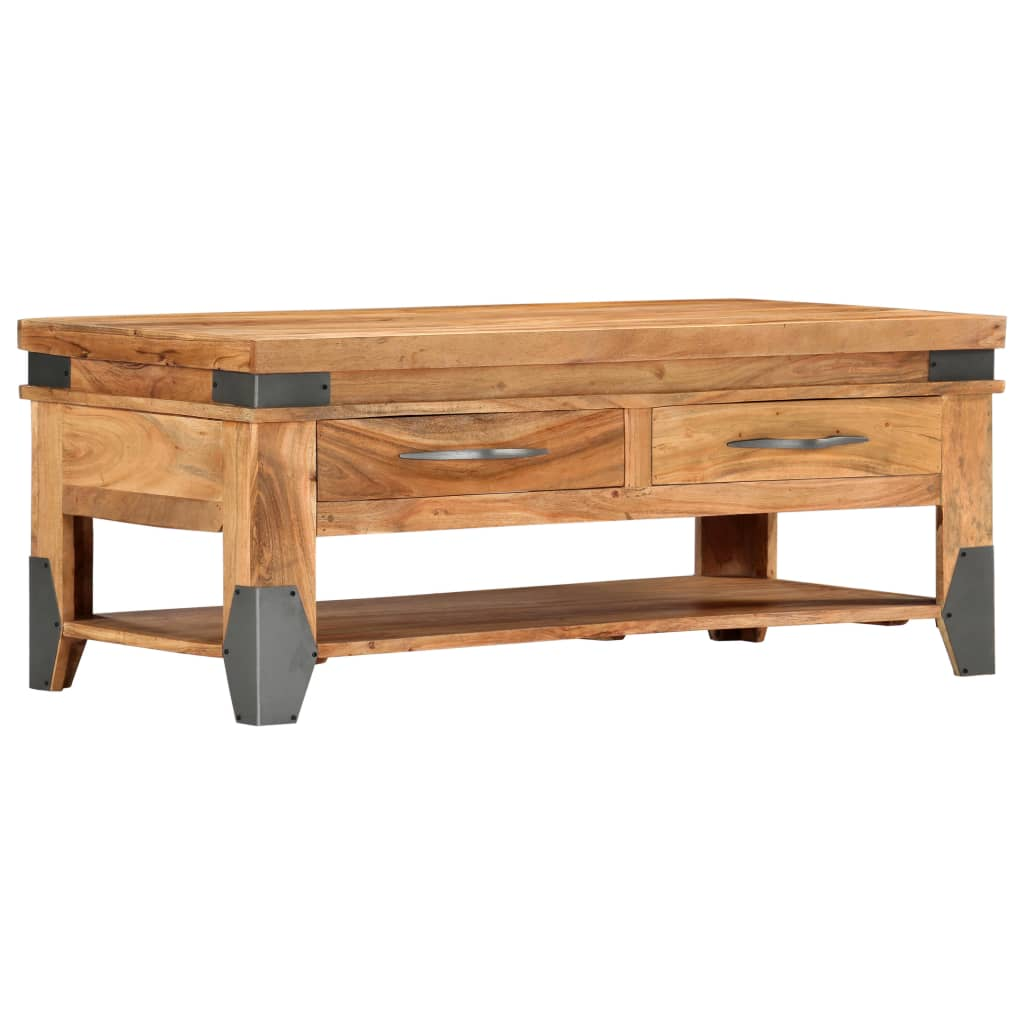 vidaXL Rustic Solid Acacia Wood Coffee Table with Drawers and Shelf - 110x52x45 cm for Living Room - BEYRUN