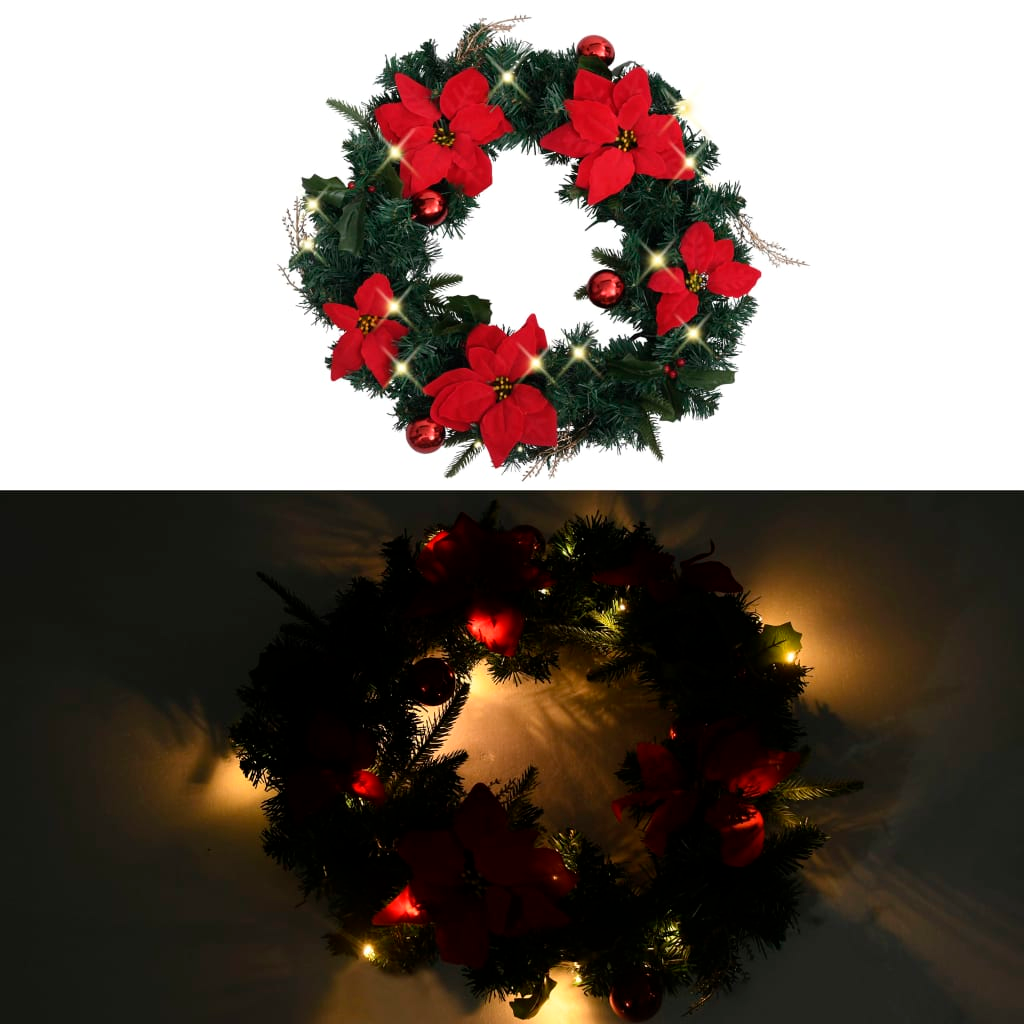 vidaXL 60 cm Christmas Wreath with LED Lights - Green PVC Holiday Decoration for Indoors & Outdoors - BEYRUN