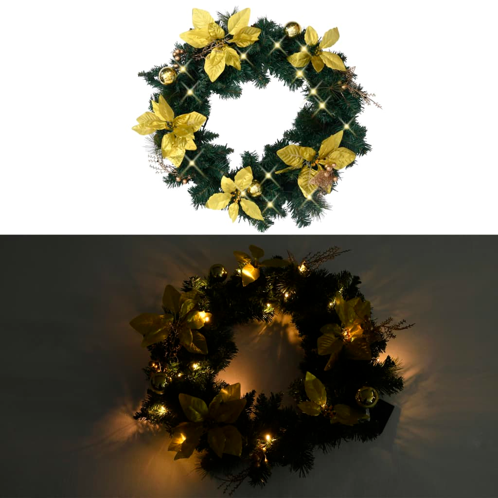 vidaXL 60 cm Christmas Wreath with 20 LED Lights, Green PVC - Indoor & Outdoor Holiday Decoration - BEYRUN